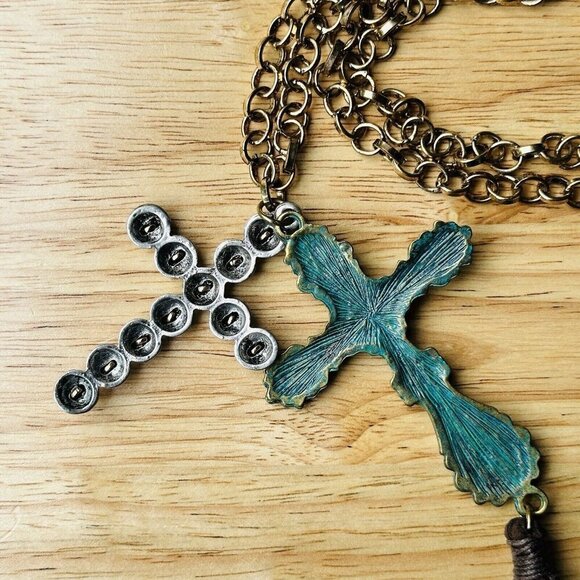 VTG Pendant Necklace 30" Christian‎ Cross Gunmetal Chain Leather Tassel Chunky - Picture 3 of 9